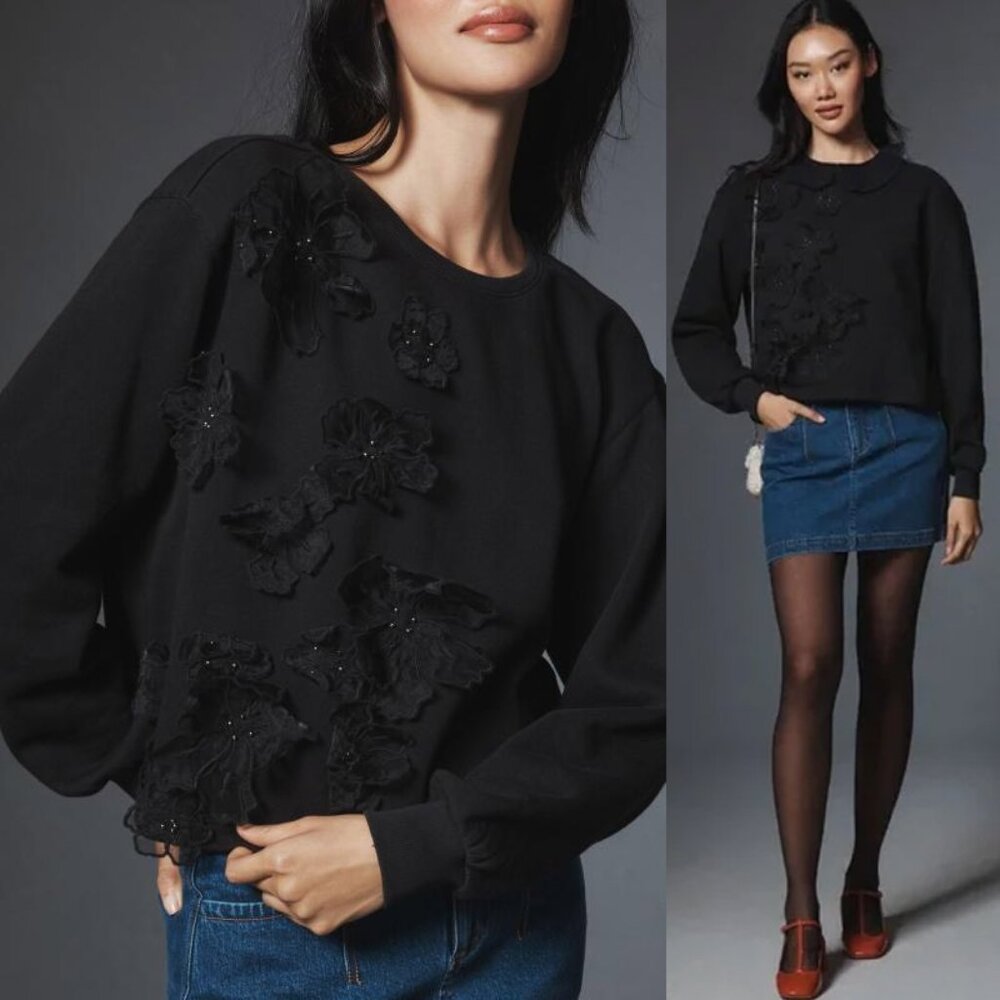 By Anthropologie 3-D Applique Flower Pullover Fleece Sweatshirt Top L Black